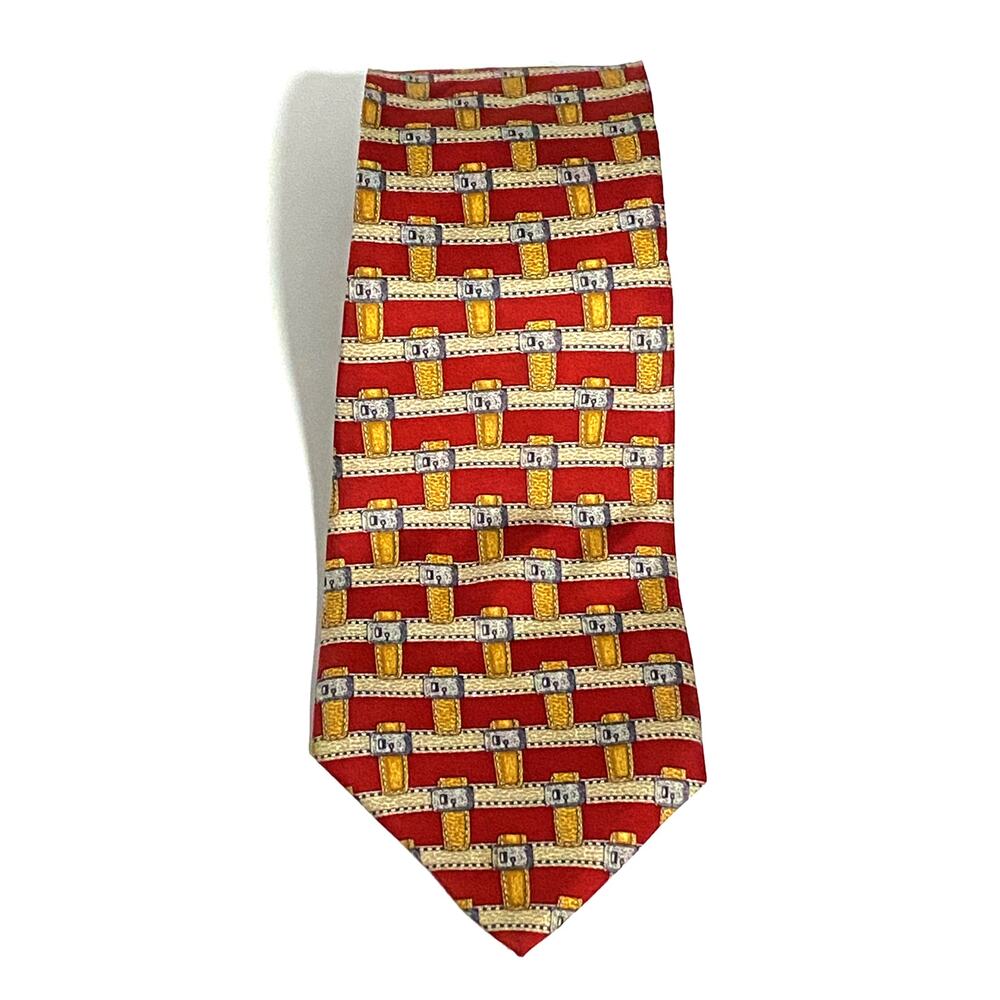 Vintage Mark Cross New York Gold Buckle Locks Silk Mens Neck Tie Red Gold